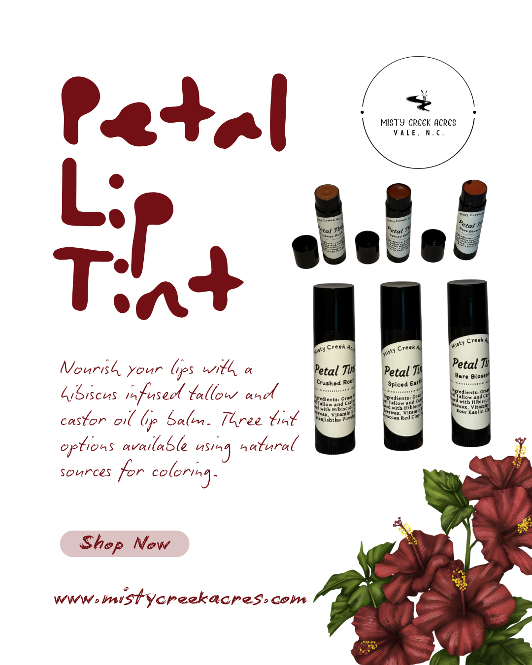 Petal Lip Tint product advertisement with lip tint bottles and hibiscus flowers on a white background.