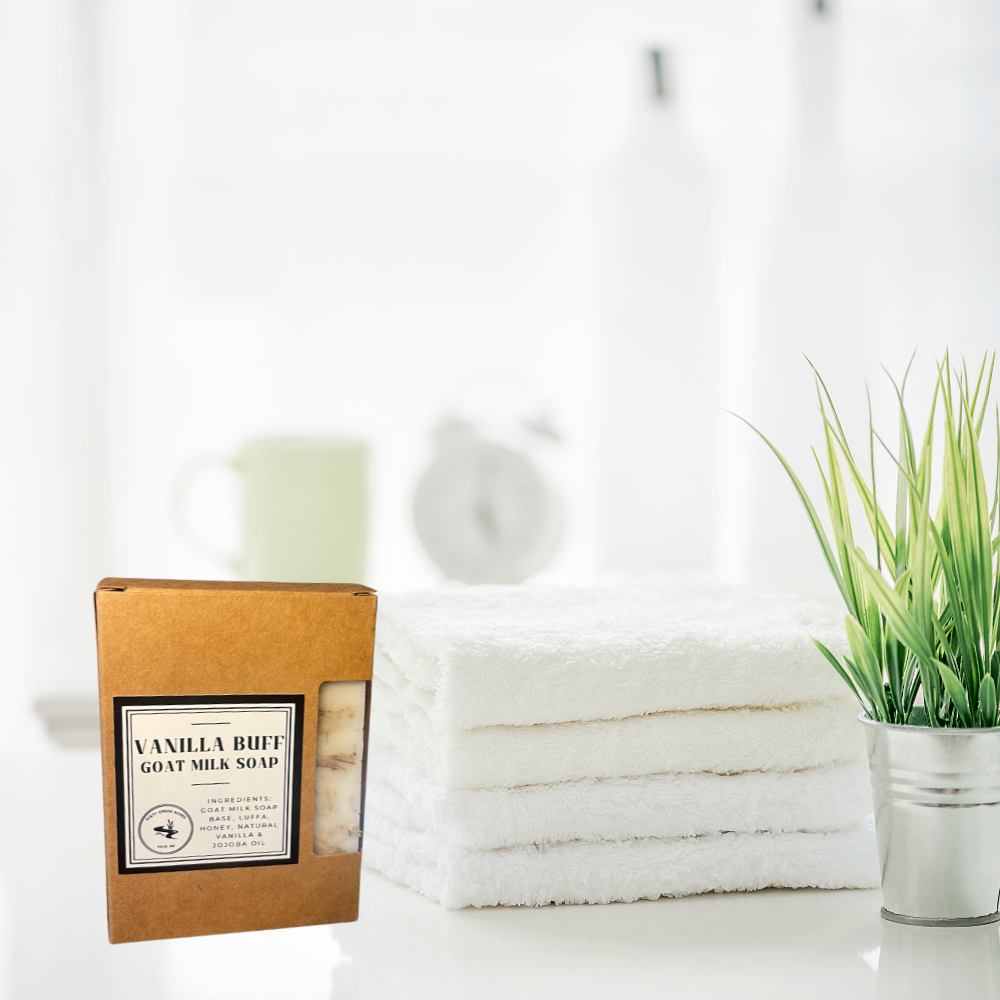 Vanilla Buff Goat Milk Bar Soap Exfoliating with Natural, Homegrown Luffa