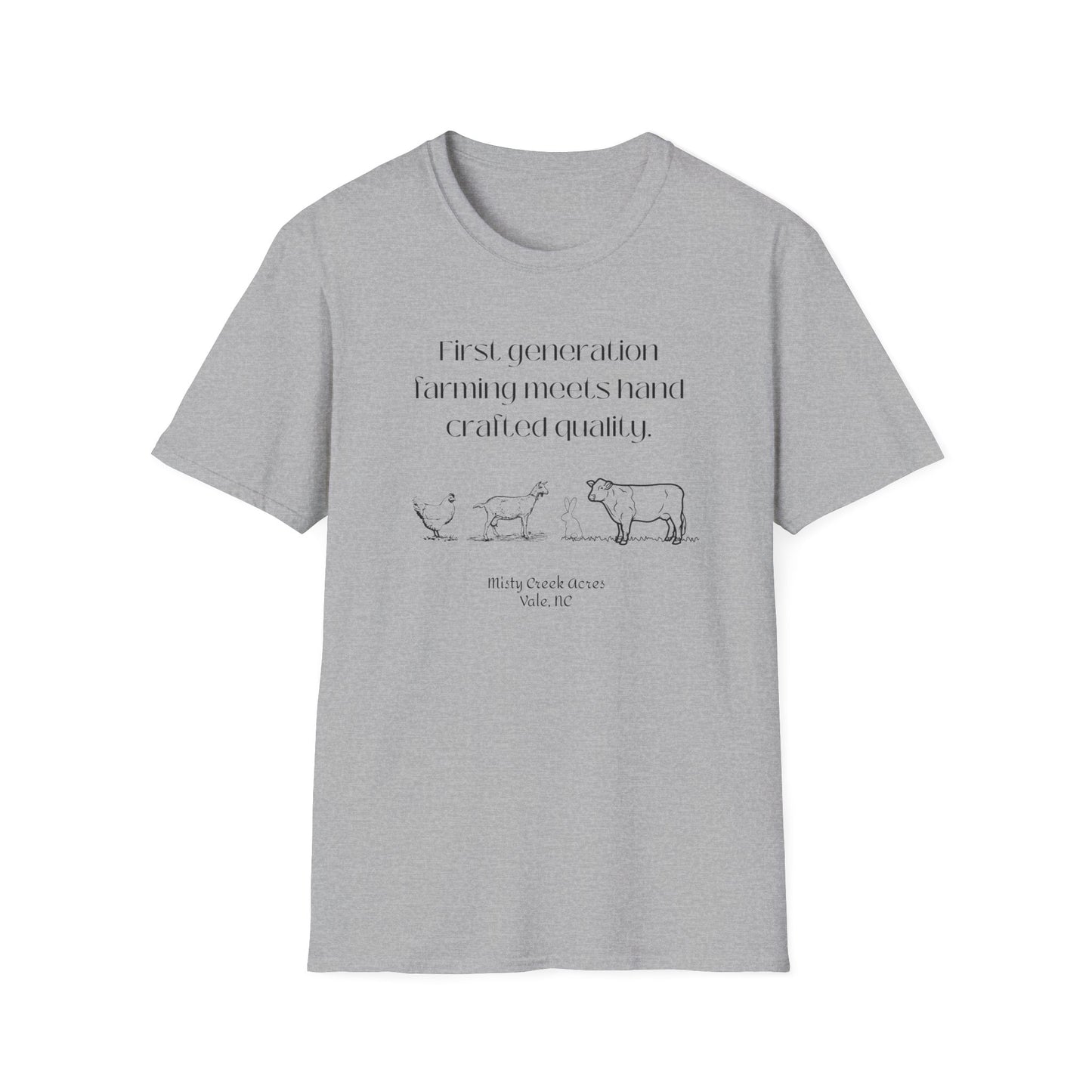 First Generation Farming shirt, first generation farming meets hand crafted quality, farming shirt, farming apparel, shirts for first generation farming, North Carolina farming, North Carolina farming shirt, T-Shirts for farmers, Homesteading t-shirt