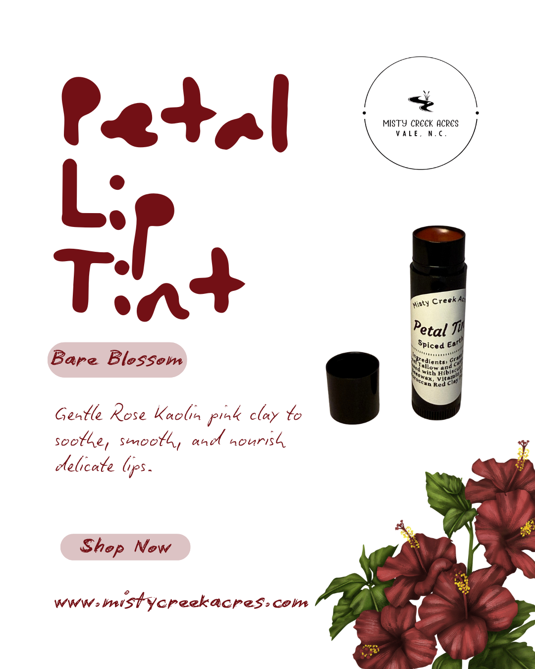 Petal lip tint packaging with floral illustration and branding on a white background
