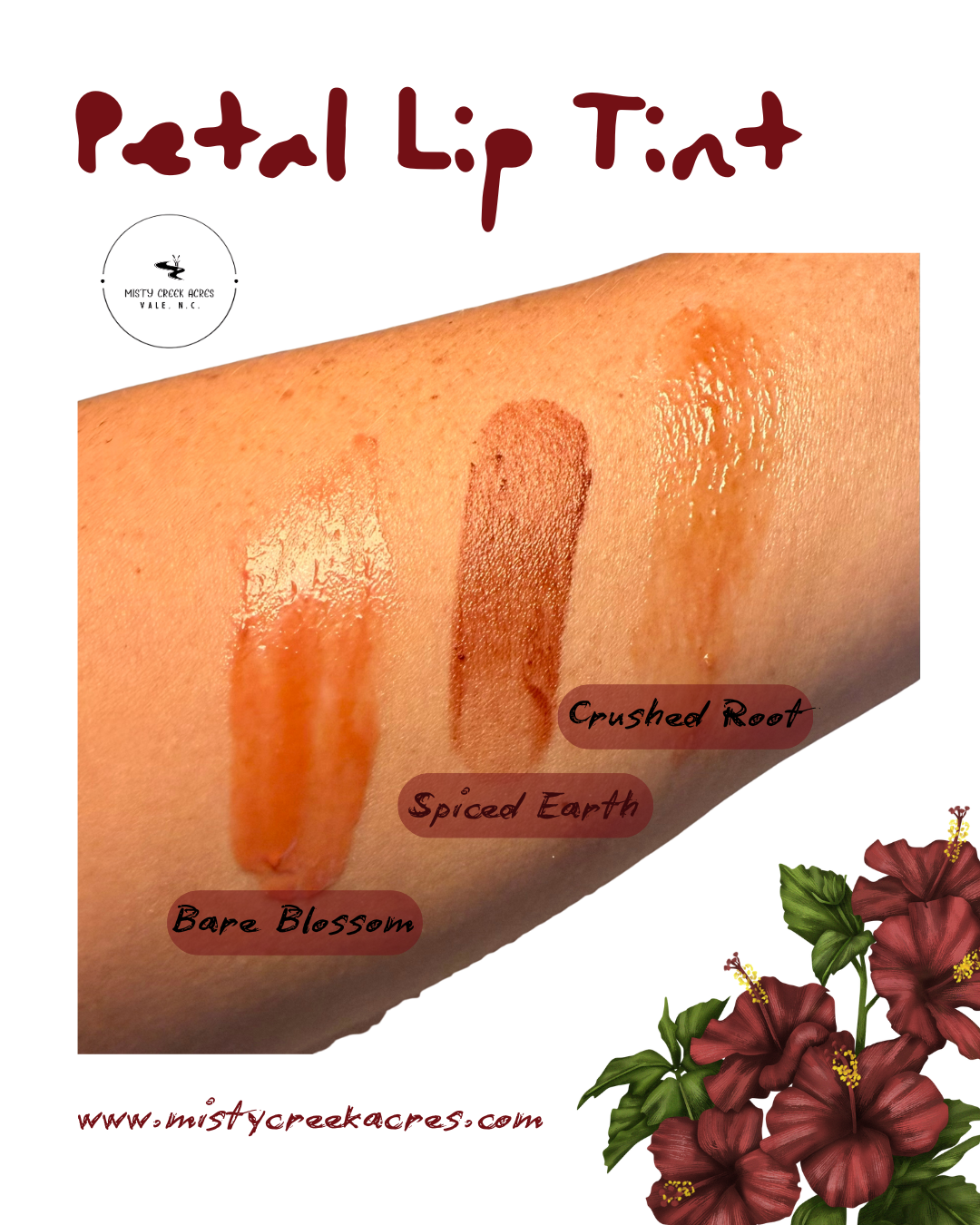 Petal Lip Tint swatches on a arm with 'Crushed Root', 'Spiced Earth', and 'Bare Blossom' labels, and floral design at the bottom.