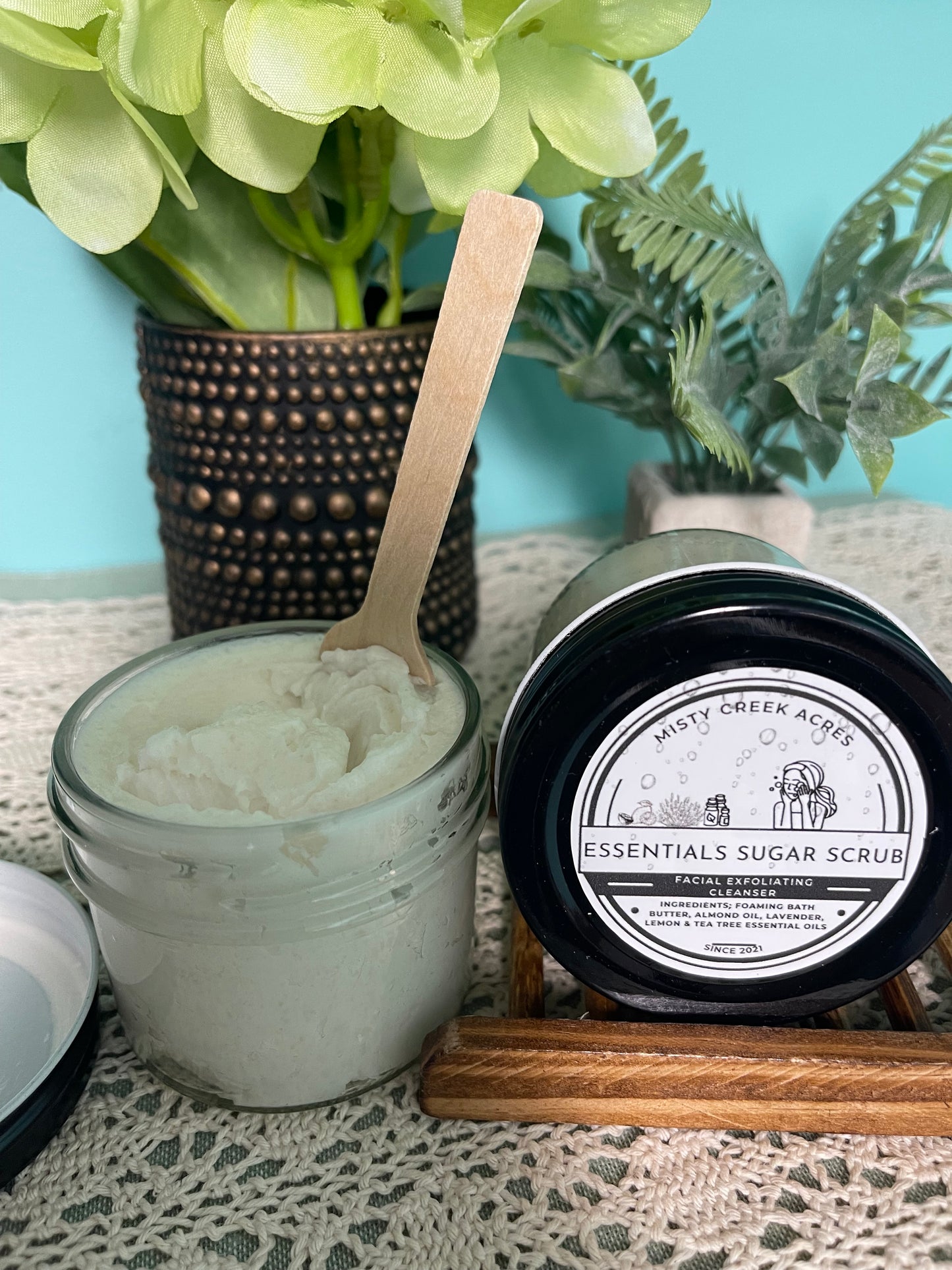 Lemon Lavender Tea Tree Exfoliating Body Scrub, small business sugar scrub, homesteading products, North Carolina farm products, homemade sugar scrub