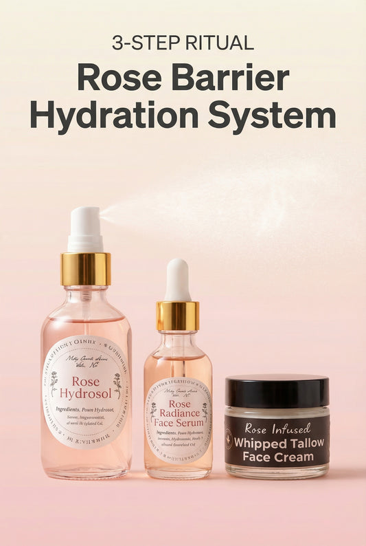 Three skincare products with labels on a pink background, featuring text about a 3-step ritual and rose barrier hydration system.