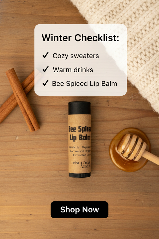 Bee spiced lip balm on a wooden surface with cinnamon sticks and honey, featuring a 'Winter Checklist' text.