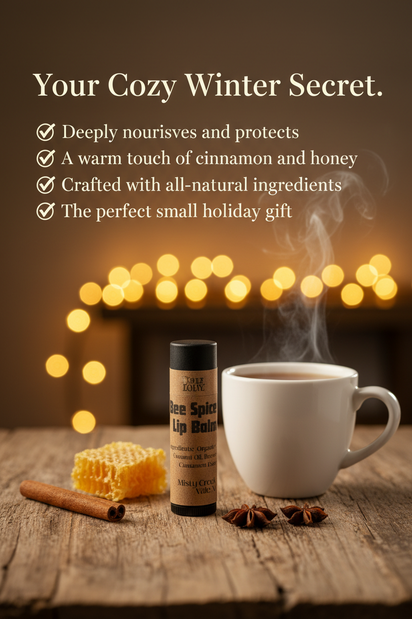 Lip balm with cinnamon and honey on a wooden table with a warm cup of tea and lights in the background.