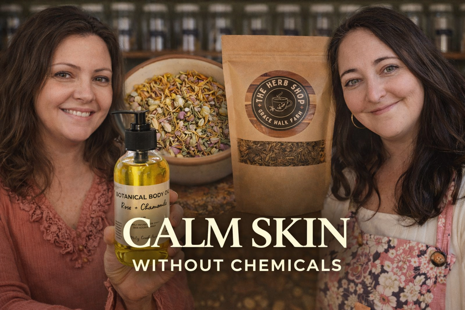 Two women holding a bottle and a package with text 'Calm Skin Without Chemicals' in a store setting.