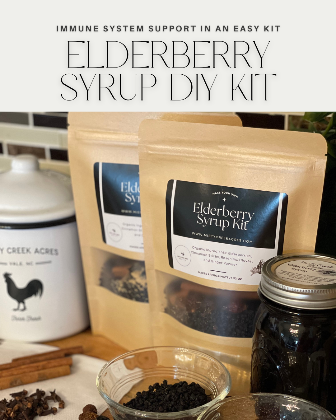 Elderberry syrup DIY kit with ingredients on a white surface