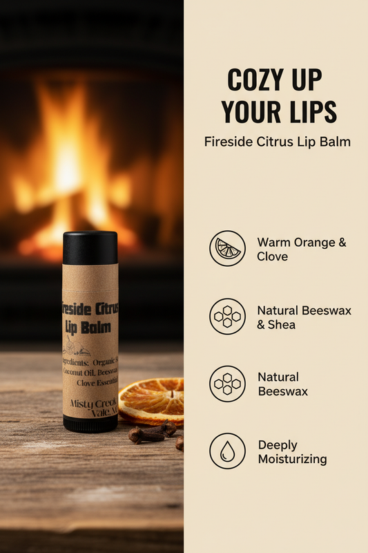 Lip balm with packaging featuring a fireplace in the background
