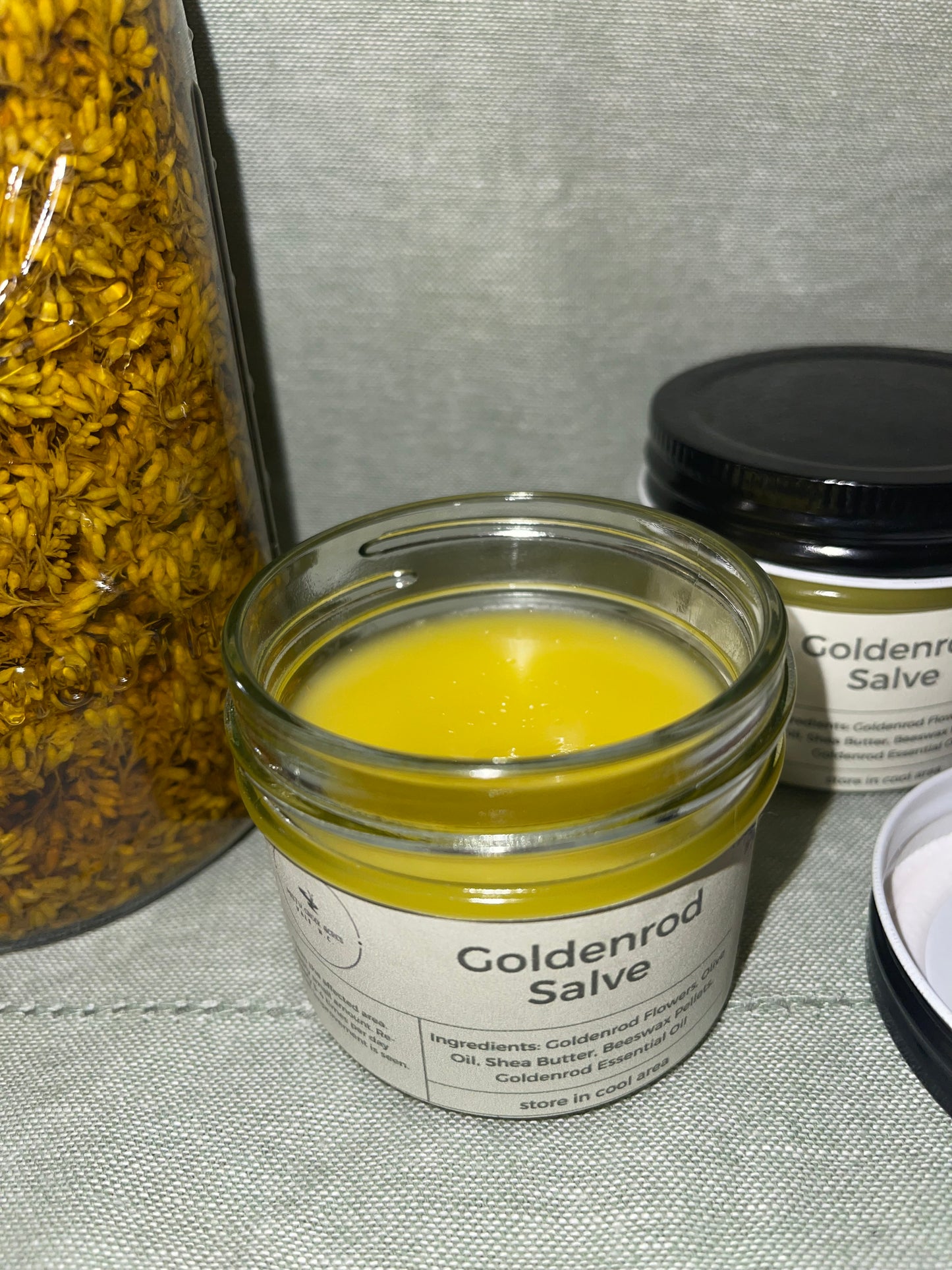 Goldenrod salve, homemade goldenrod salve, muscle relief salve, homemade salve for muscle relief, non-toxic muscle relief, small business salve, North Carolina goldenrod salve, homesteading products