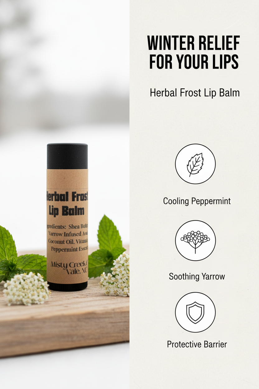 Herbal Frost Lip Balm with ingredients listed on a blurred natural background