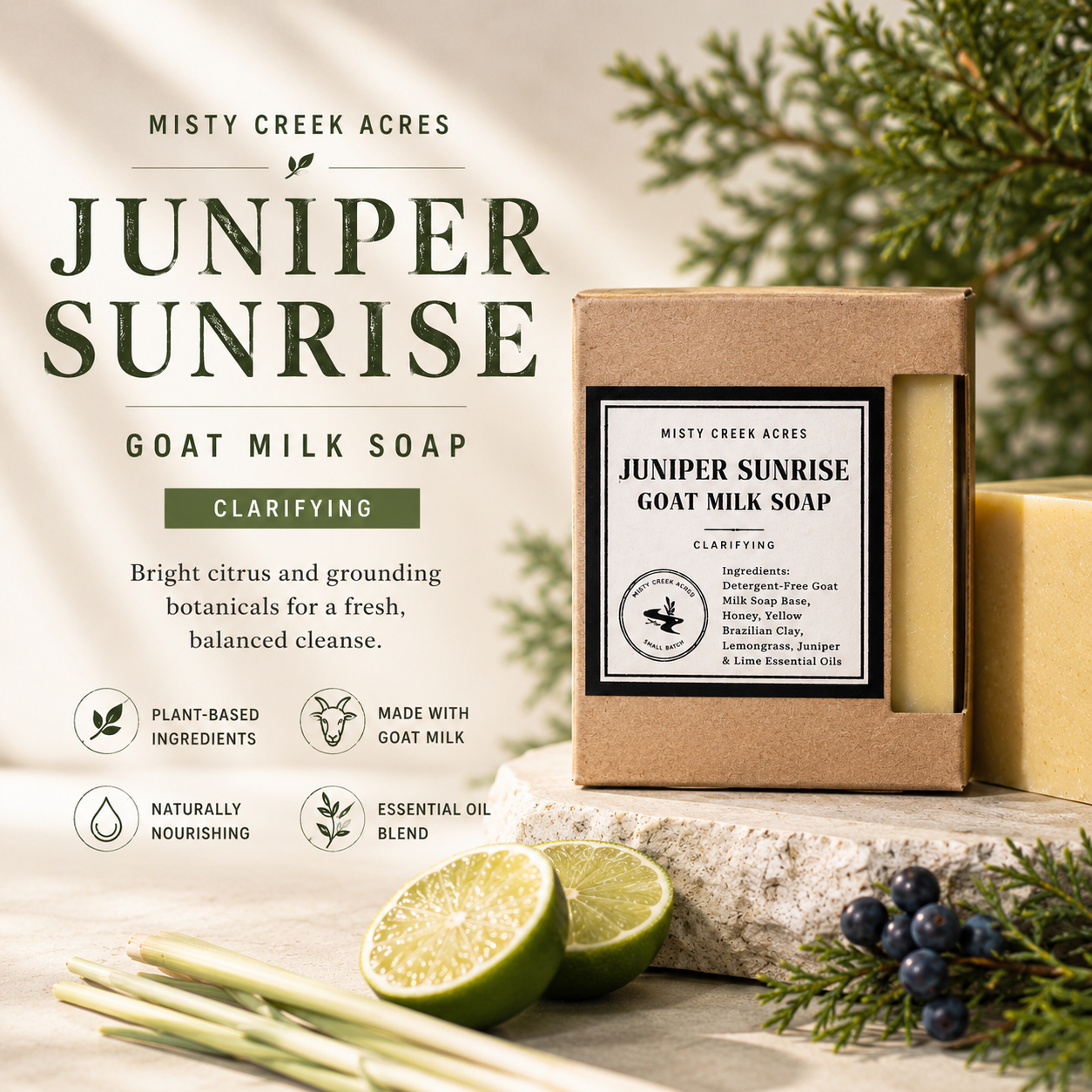 Goat milk soap with packaging labeled 'Juniper Sunrise' from Misty Creek Acres, surrounded by natural elements.