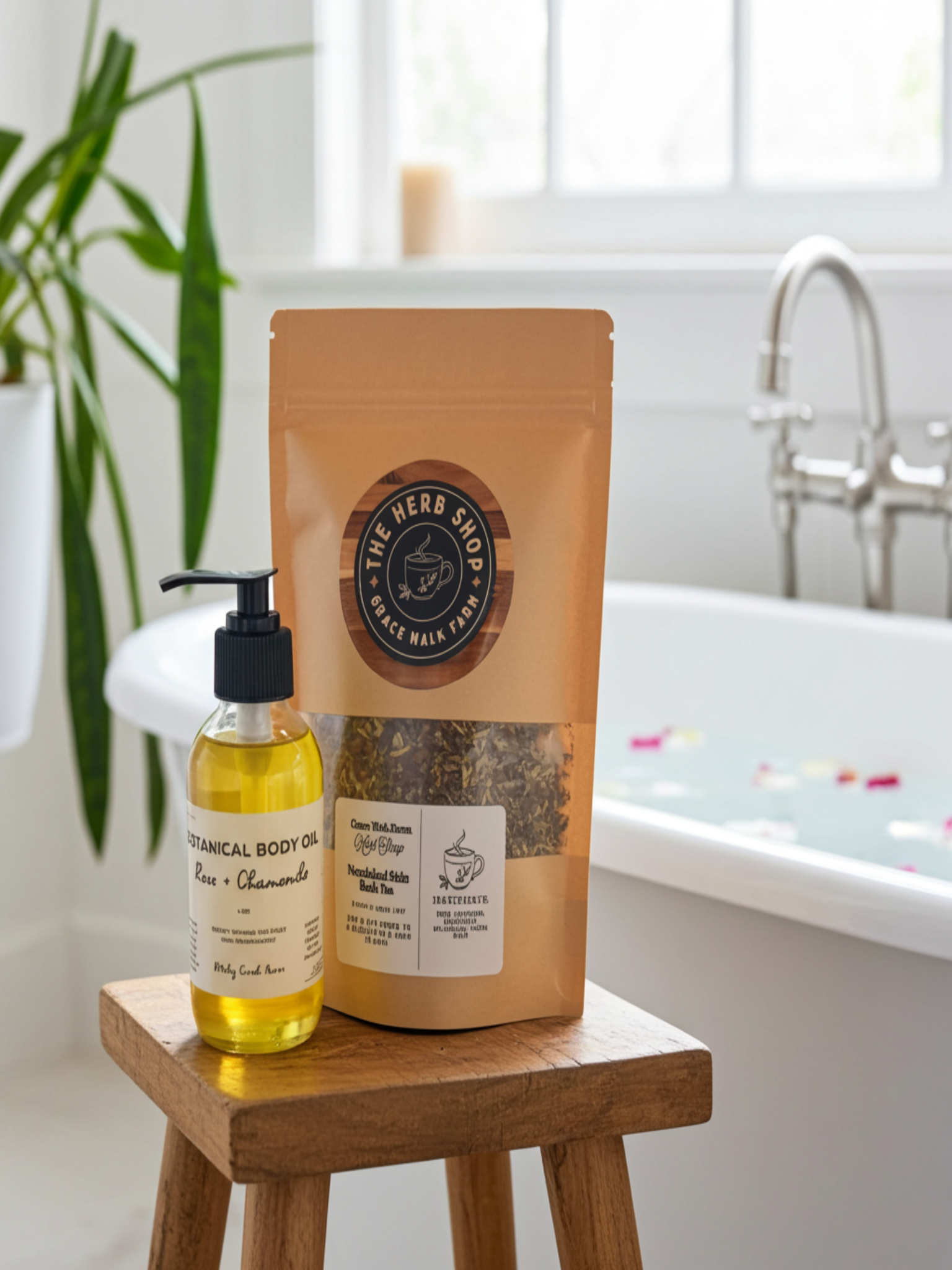 Bottle of botanical body oil and package of tea on a wooden stool in a bathroom setting.