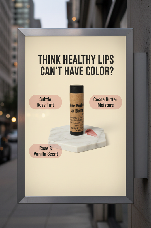 Advertisement for lip balm with text 'Think healthy lips can't have color?' on a city street background.