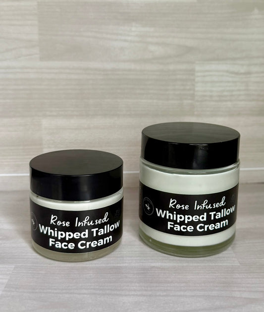 Two jars of Rose Infused Whipped Tallow Face Cream on a neutral background