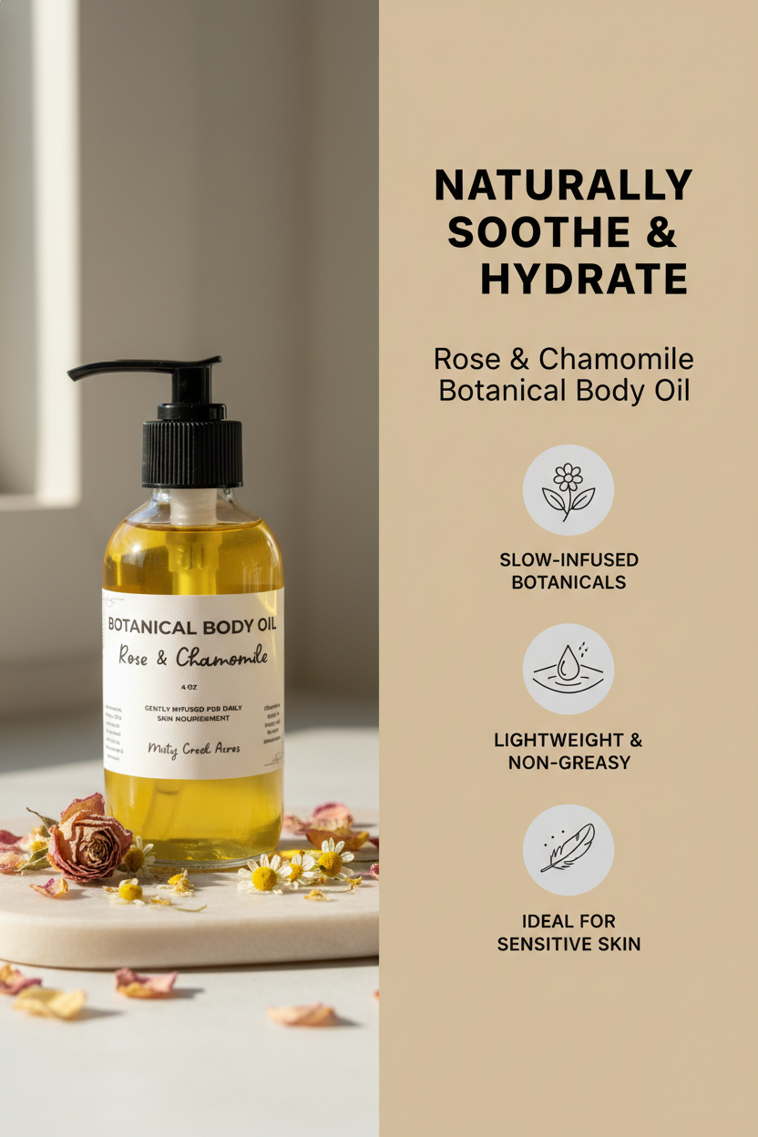 Rose & Chamomile Botanical Body Oil – Natural Hydrating Body Oil for Dry, Sensitive Skin