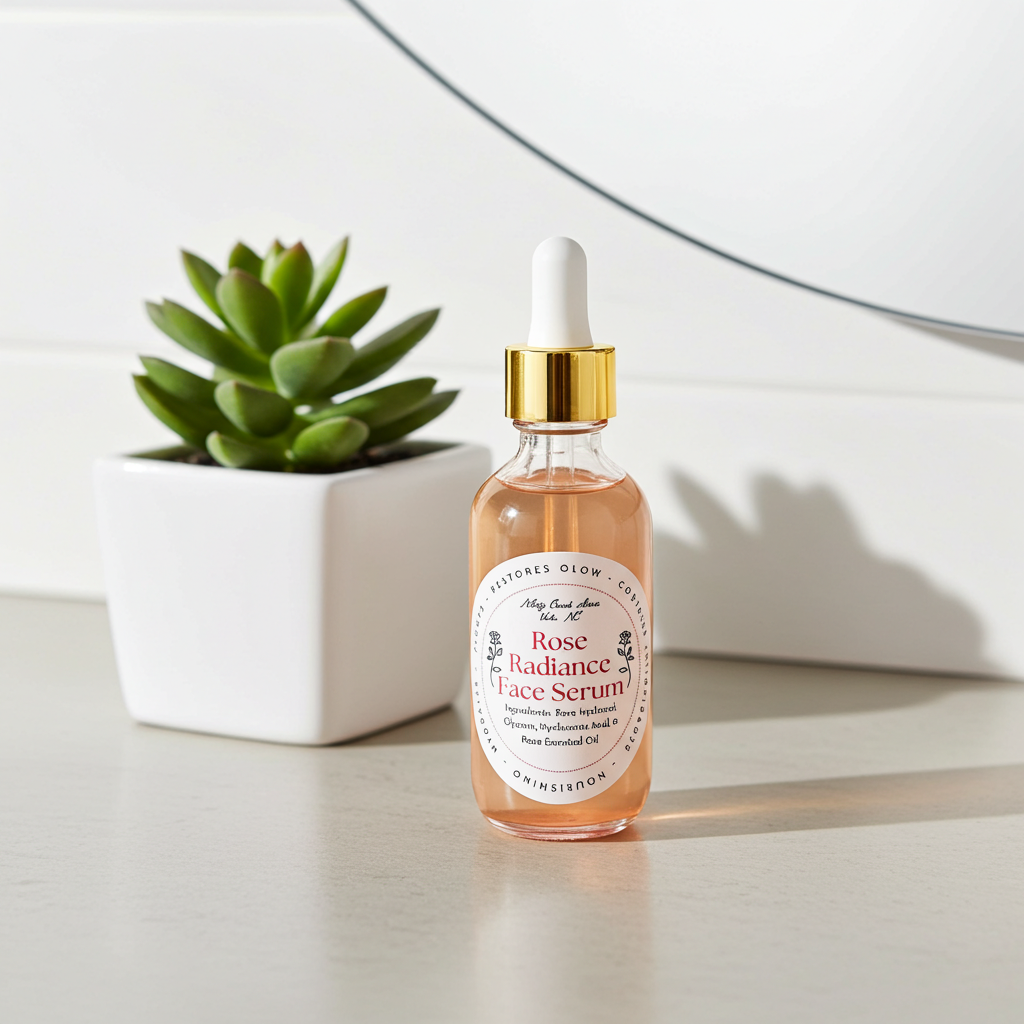 Rose Radiance Face Serum bottle with dropper on a light surface next to a potted plant.