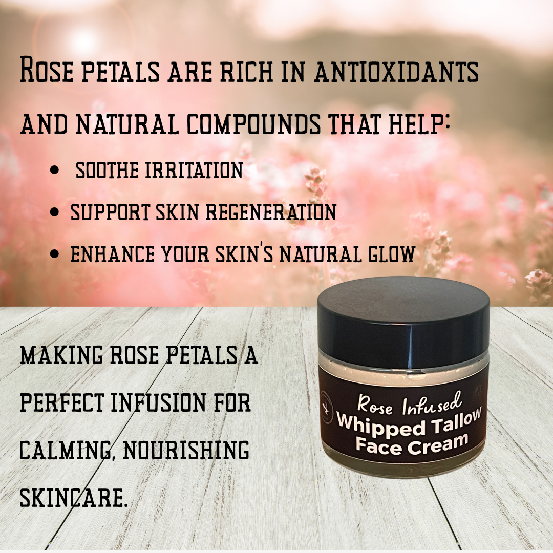Rose Tallow Face Cream – Whipped Tallow Moisturizer for Glowing Skin | Natural Night Cream with Jojoba, Rose, Frankincense, Grapefruit Essential Oils