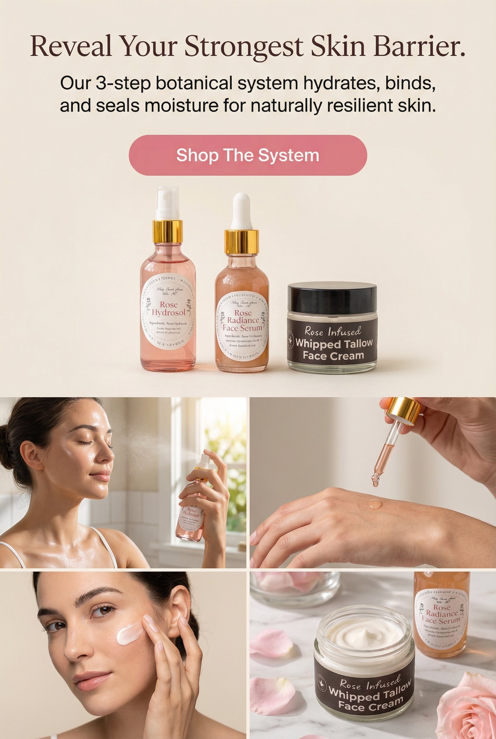 Cosmetic products with text about a 3-step botanical system for skin hydration.