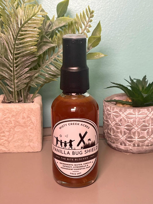 Vanilla Bug Shield - All-Natural Bug Repellent Spray NO DEET Repels Ticks Mosquitos Safe Effective Insect 2 oz Glass Bottle Essential Oils