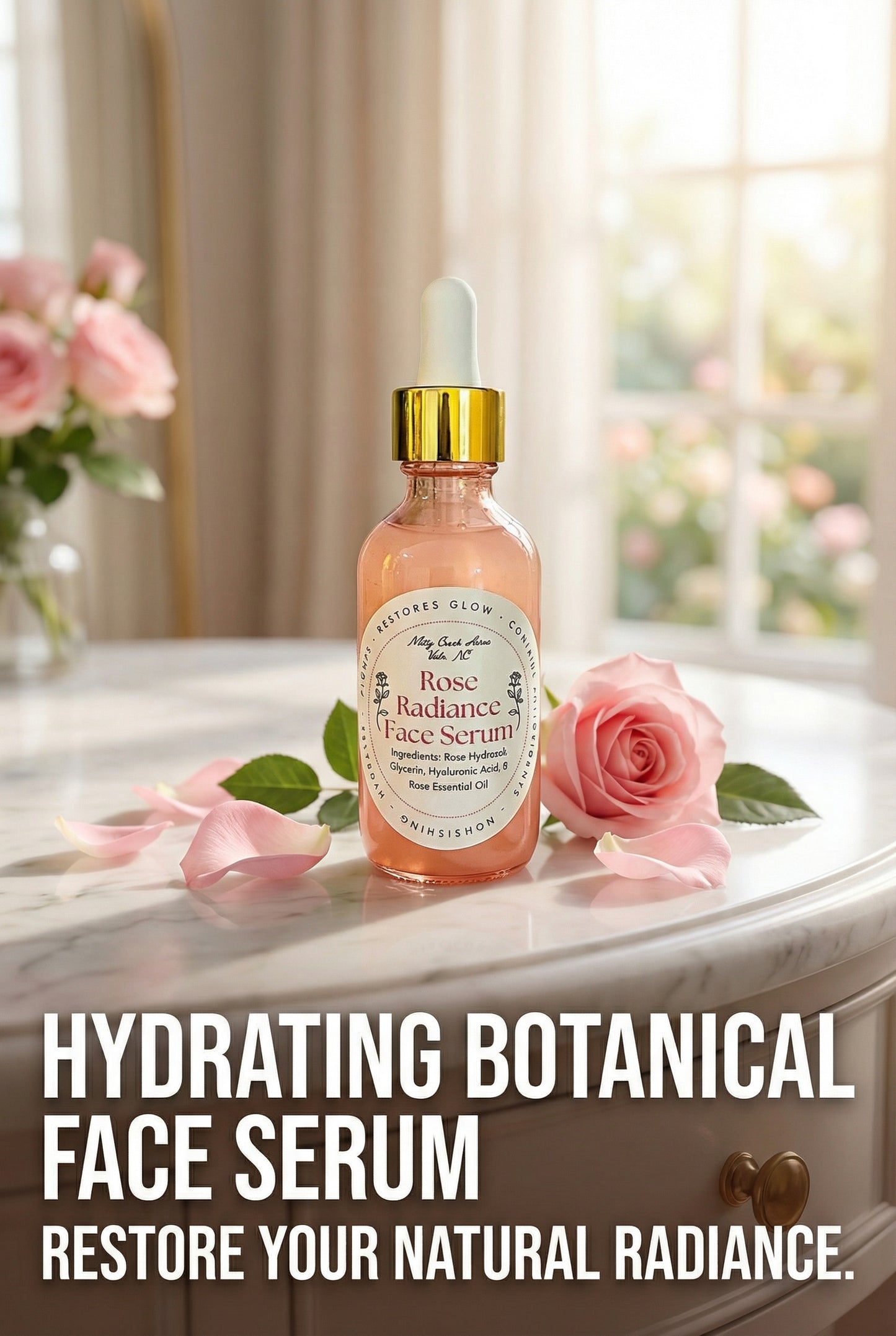 Hydrating botanical face serum bottle on a marble surface with flowers in the background