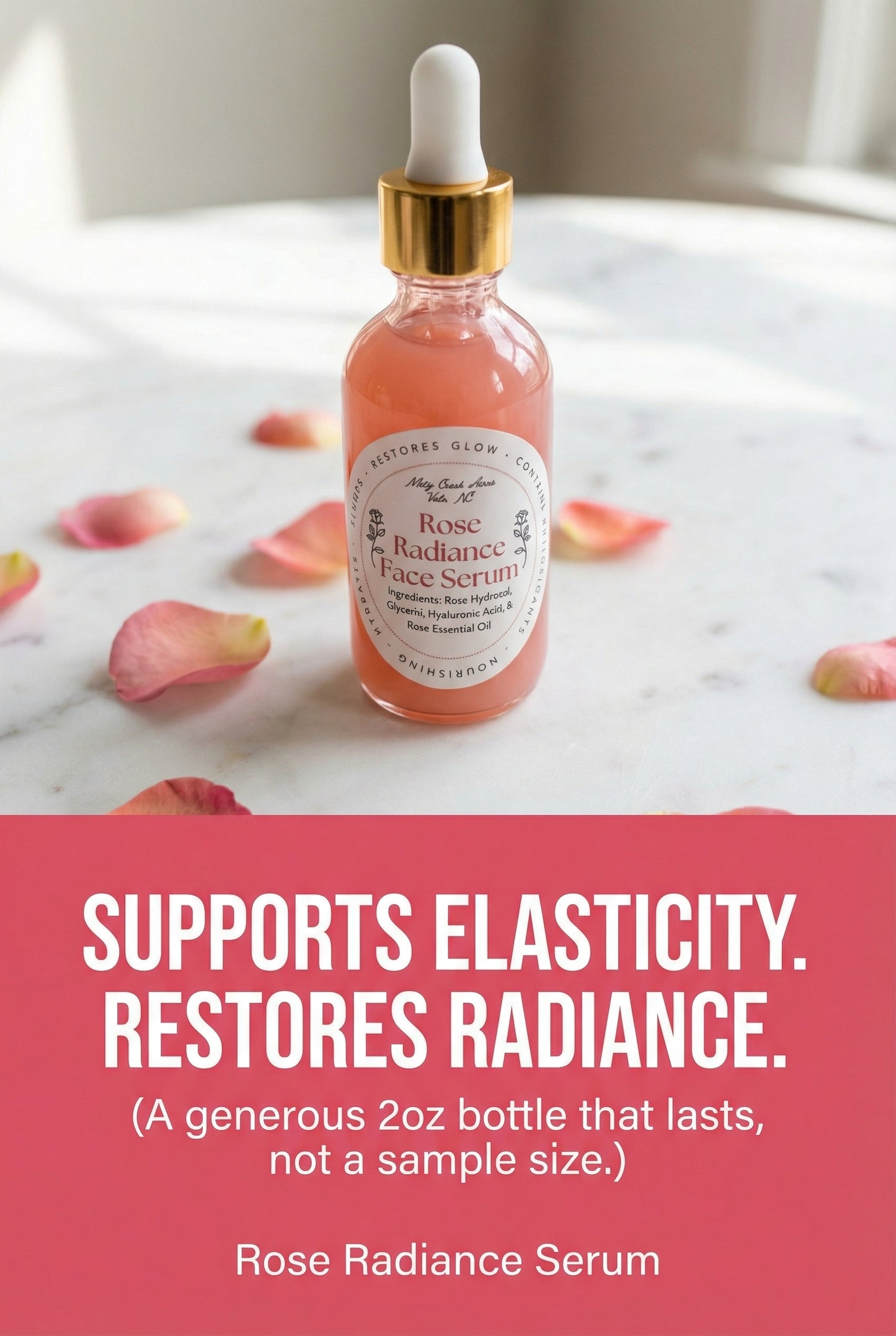 Rose Radiance Face Serum bottle with dropper on a marble surface with rose petals, text highlighting benefits.