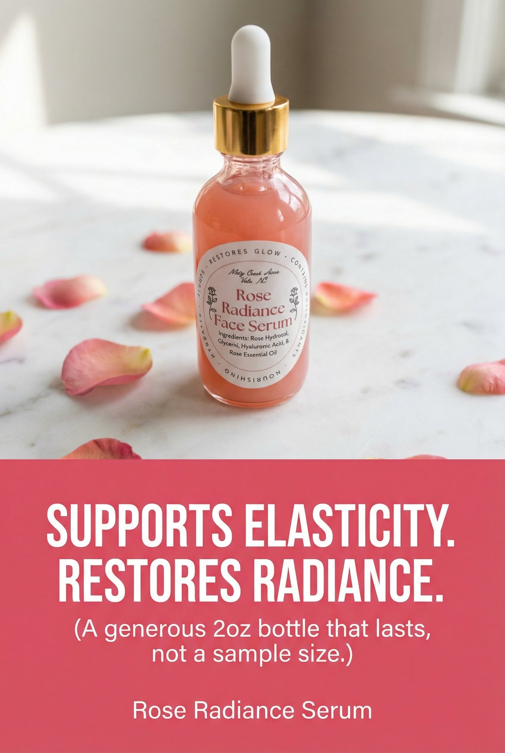 Rose Radiance Face Serum bottle with dropper on a marble surface with rose petals, text highlighting benefits.