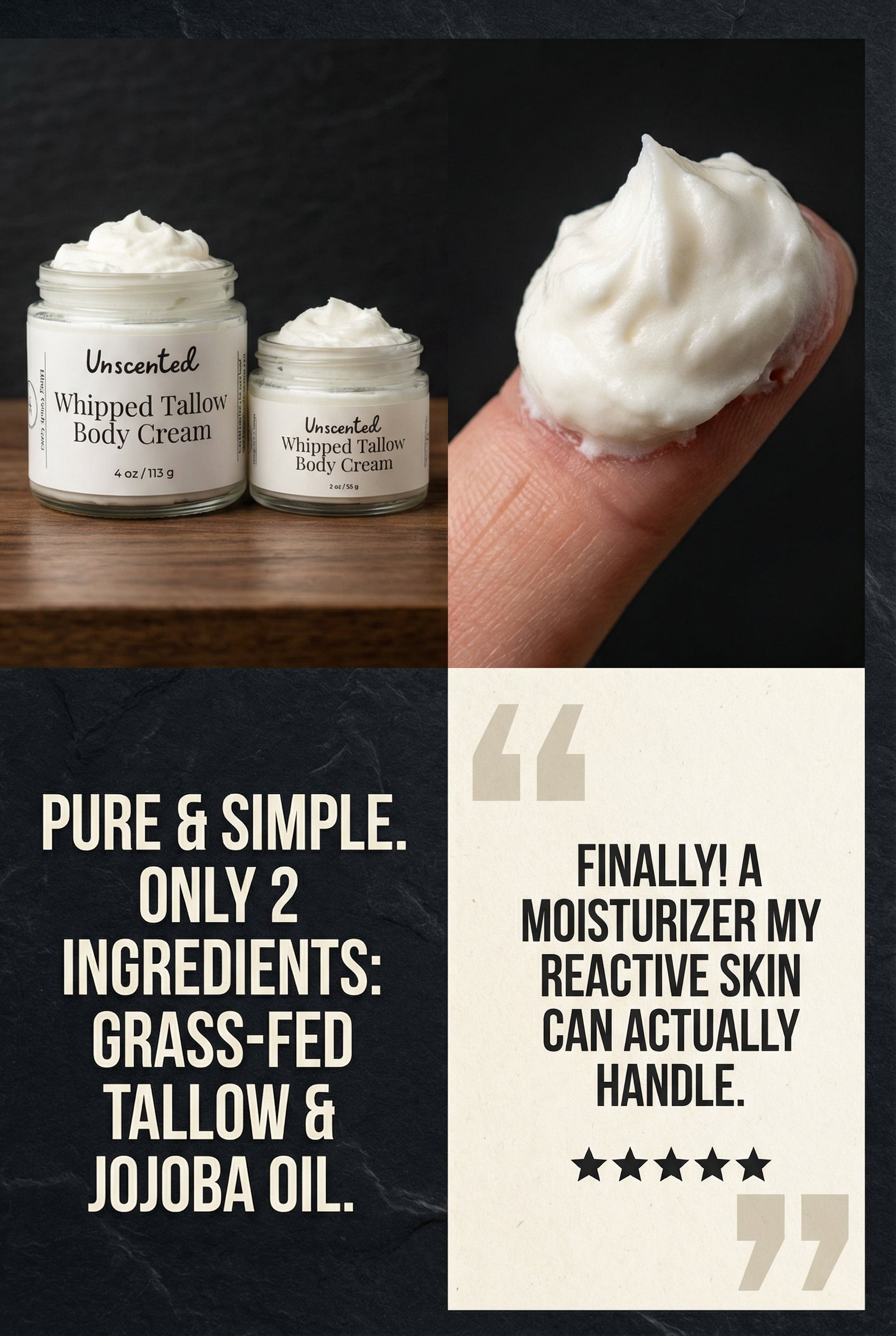 Unscented Whipped Tallow Body Cream with text about ingredients and benefits on a dark background