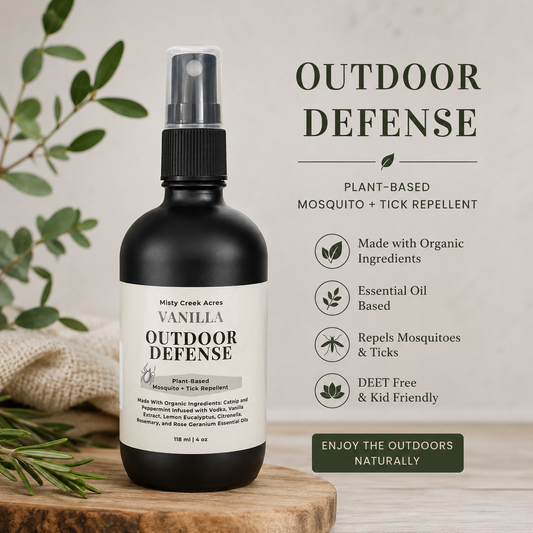 Vanilla Outdoor Defense plant-based mosquito and tick repellent bottle on a wooden surface with greenery.