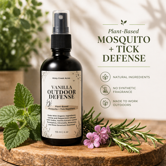 Vanilla Outdoor Defense plant-based mosquito and tick defense spray bottle on a wooden surface with plants and flowers.